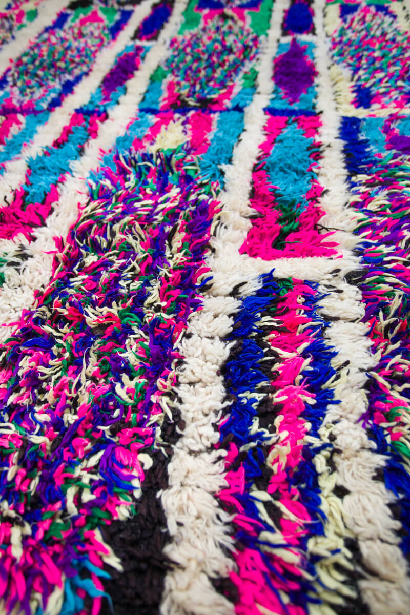 Neon Purple, Pink, Blue, Green and Ivory Azilal Moroccan Berber Accent Rug - 8’4&quot; x 5&#39;2&quot;ft