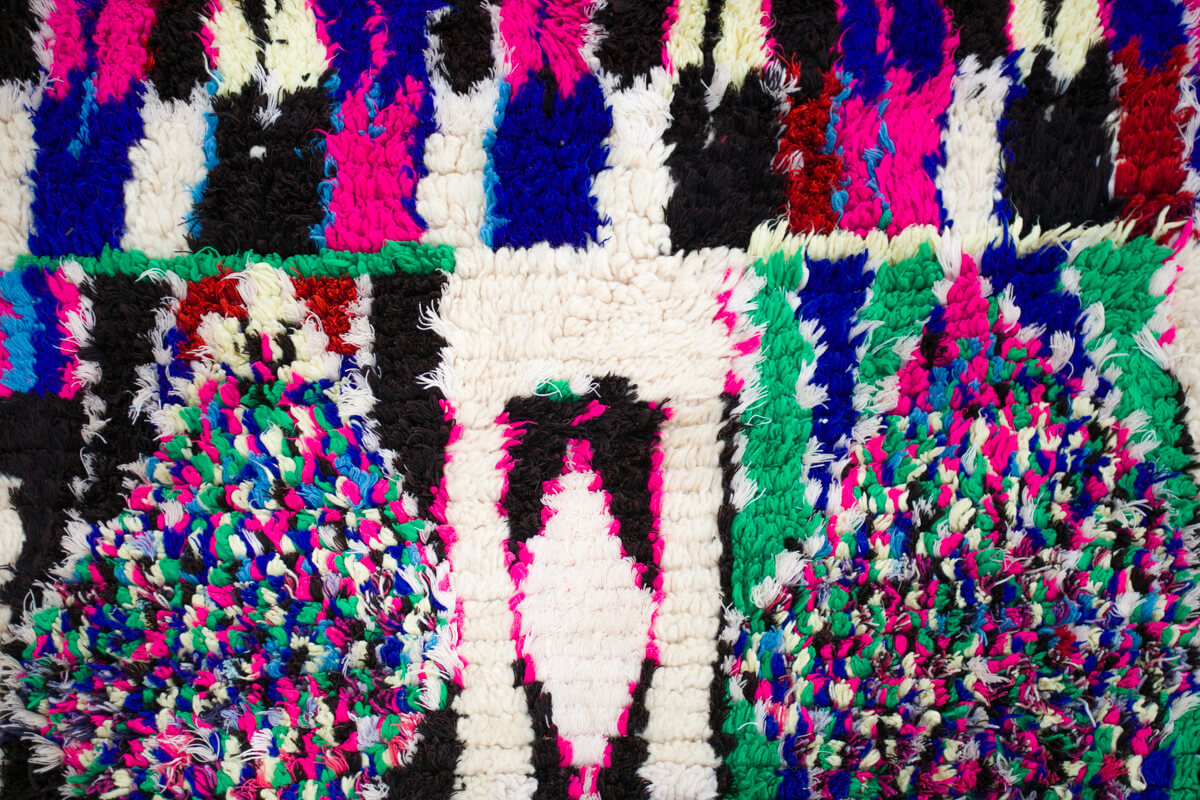 Neon Purple, Pink, Blue, Green and Ivory Azilal Moroccan Berber Accent Rug - 8’4&quot; x 5&#39;2&quot;ft