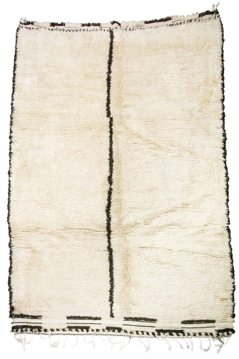 OUIVE Reversible Vintage White Beni Ourain Moroccan Wool Rug With Black Stripe Center - 9'4" x 5'1"