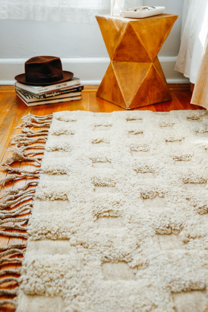 Rare All Natural non-dyed Hand-Spun Wool Checker Flatweave &amp; Pile Moroccan Rug - Available in 3 Sizes