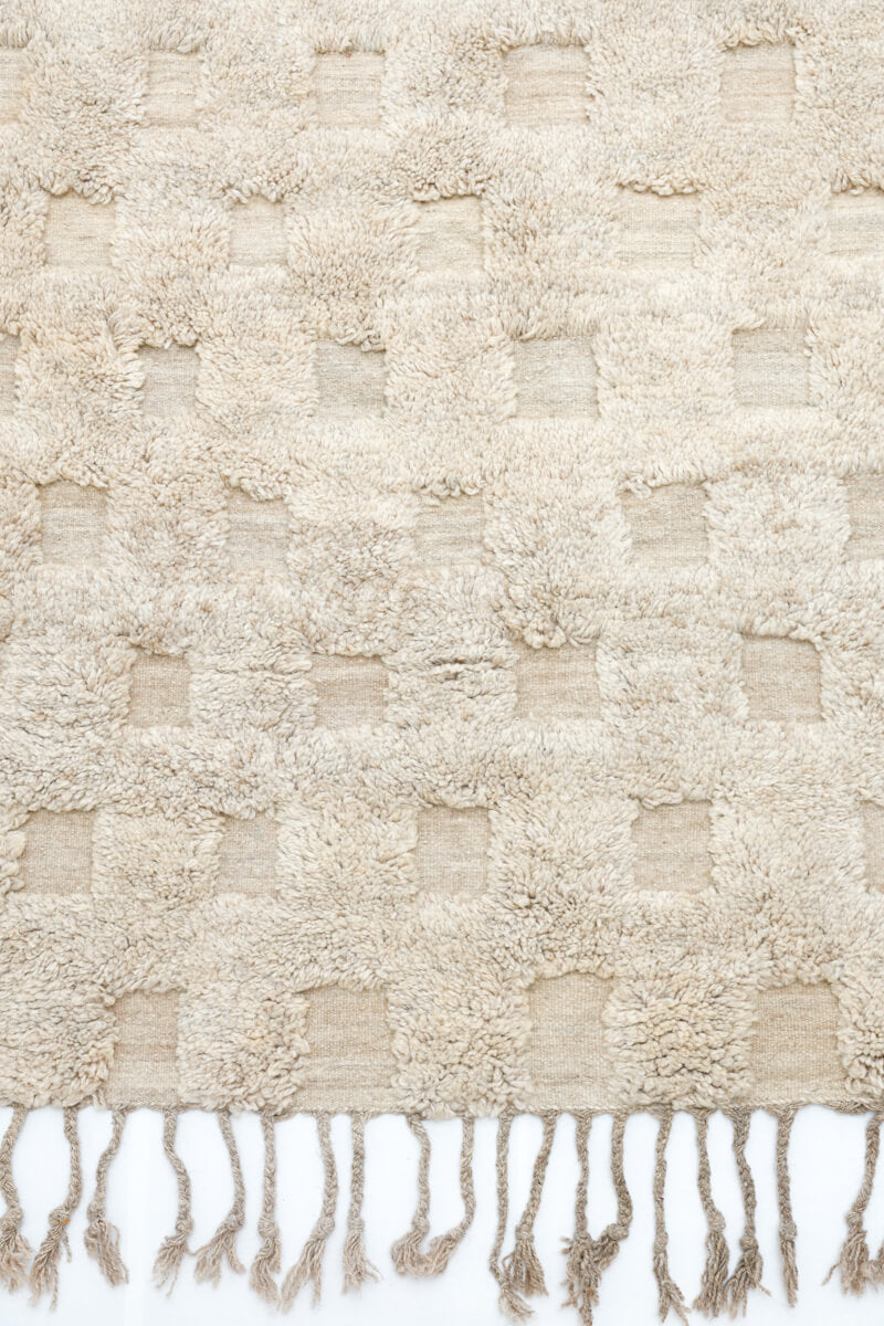 Rare All Natural Beige Checker Flatweave & Pile Moroccan Rug - OUIVE rugs