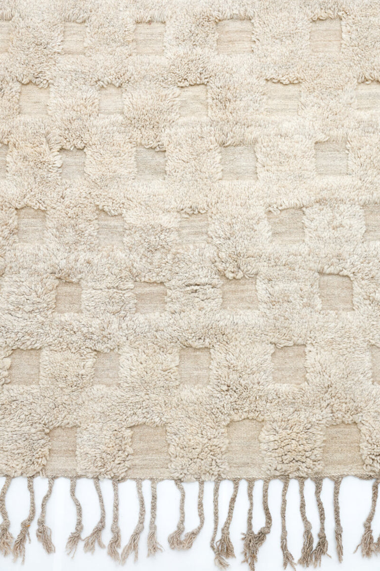 Rare All Natural Beige Checker Flatweave & Pile Moroccan Rug - OUIVE rugs