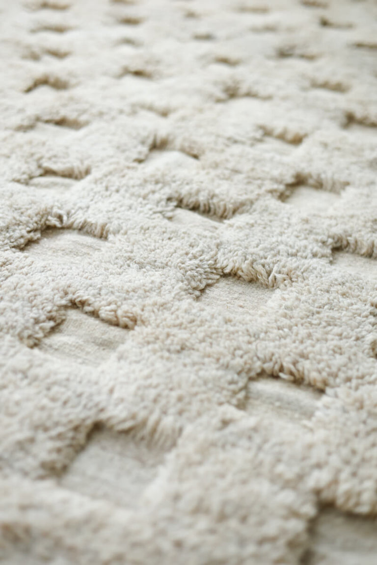 Rare All Natural Beige Checker Flatweave & Pile Moroccan Rug - OUIVE rugs