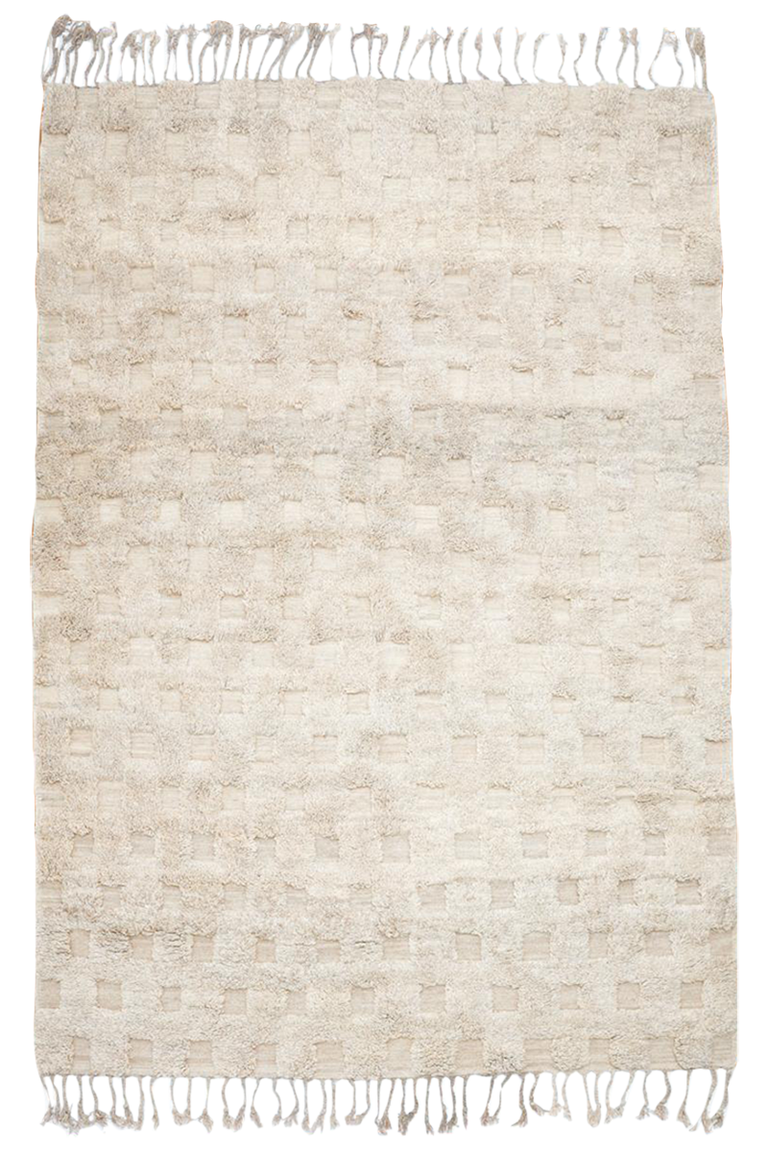Rare All Natural Beige Checker Flatweave & Pile Moroccan Rug - OUIVE rugs