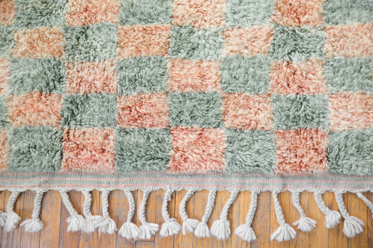 Made-to-Order Coral &amp; Sage Checker Board Moroccan Wool Area Rug - Available in 3 Color Combinations