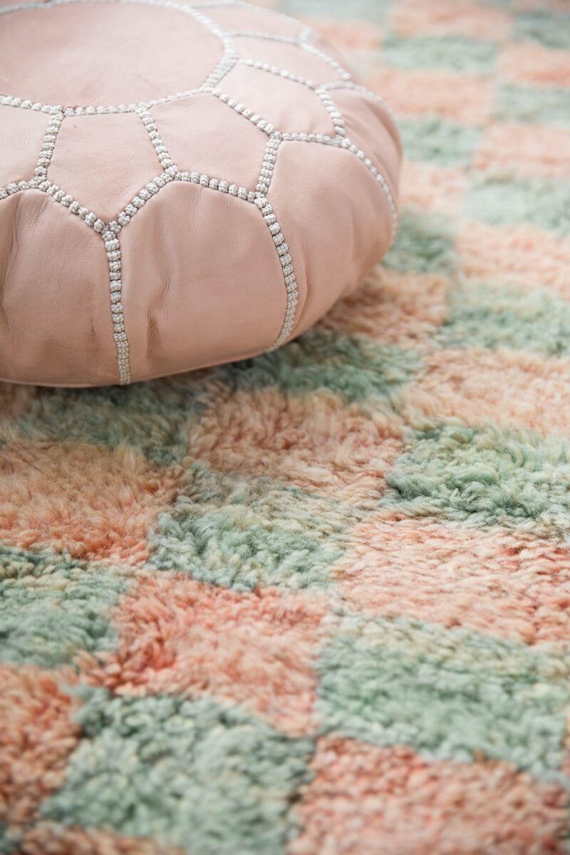 Made-to-Order Coral &amp; Sage Checker Board Moroccan Wool Area Rug - Available in 3 Color Combinations