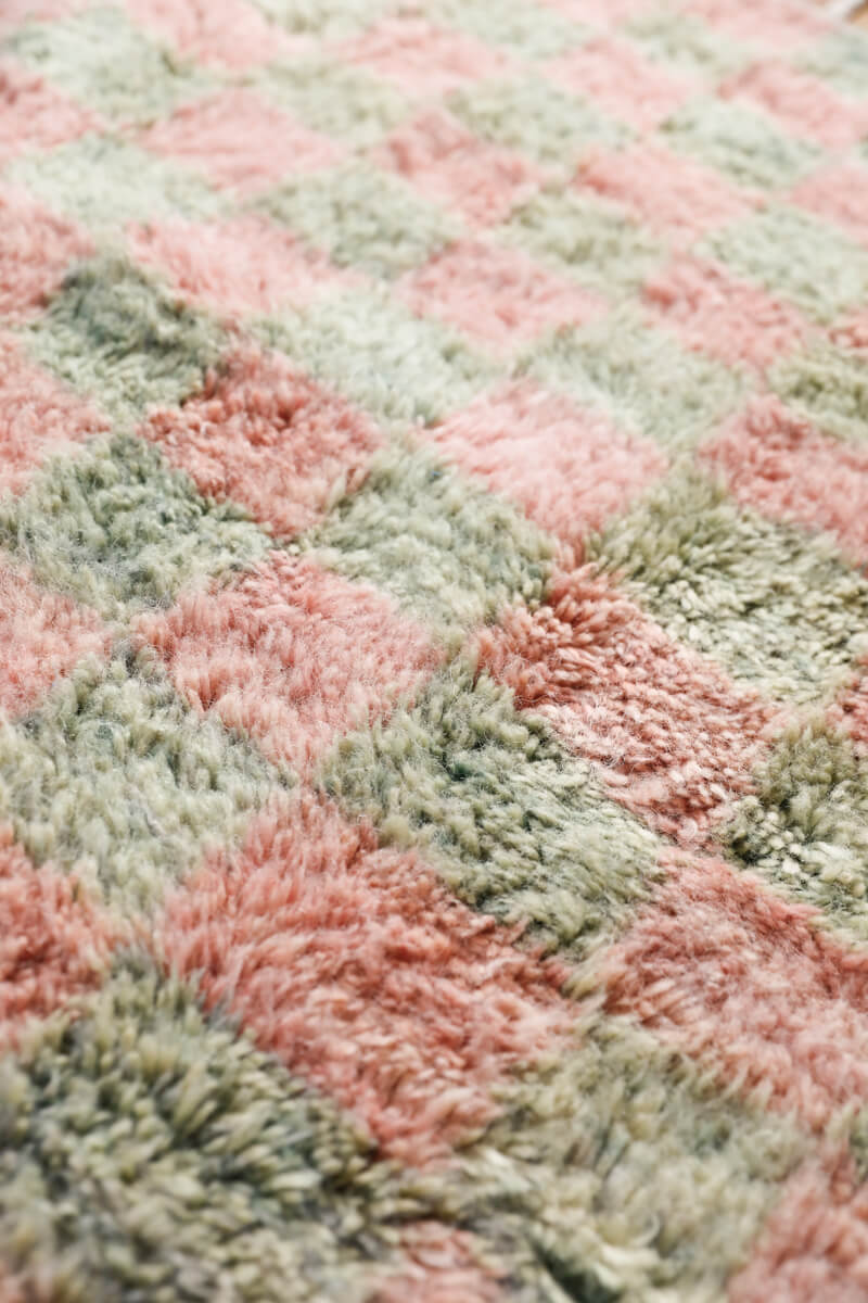 Made-to-Order Coral &amp; Sage Checker Board Moroccan Wool Area Rug - Available in 3 Color Combinations