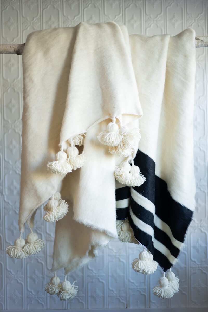 Moroccan Pom Pom Wool Blanket Natural White with Black Stripes