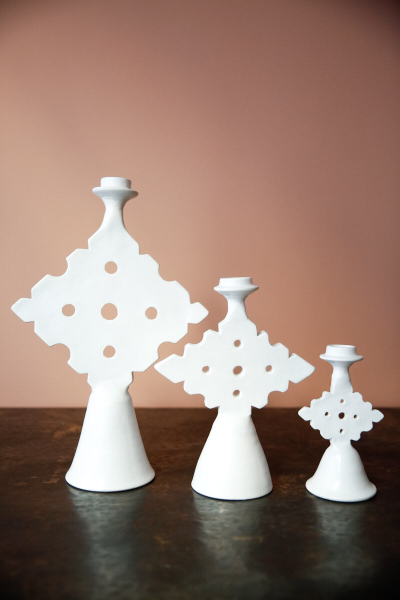 Ouive White Tadelakt Candlestick - Chabi Chic - Available in 3 sizes