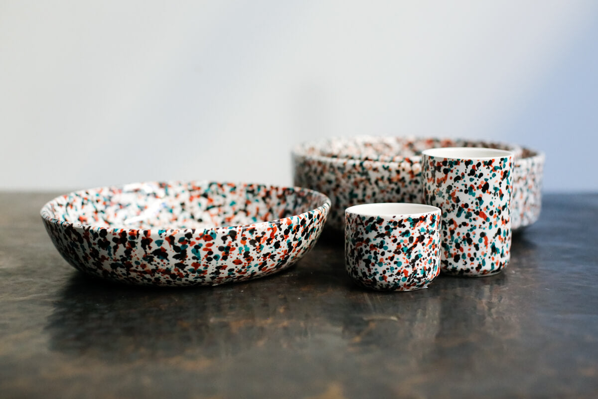Set of 2 - Chabi Chic Handmade Splatter Painted Ceramic Cups - Multicolor Teal - Avail. in 4 oz &amp; 8oz