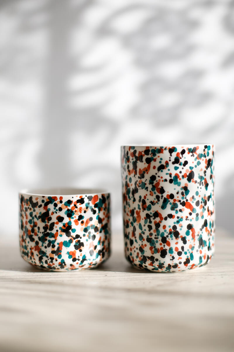 Set of 2 - Chabi Chic Handmade Splatter Painted Ceramic Cups - Multicolor Teal - Avail. in 4 oz &amp; 8oz
