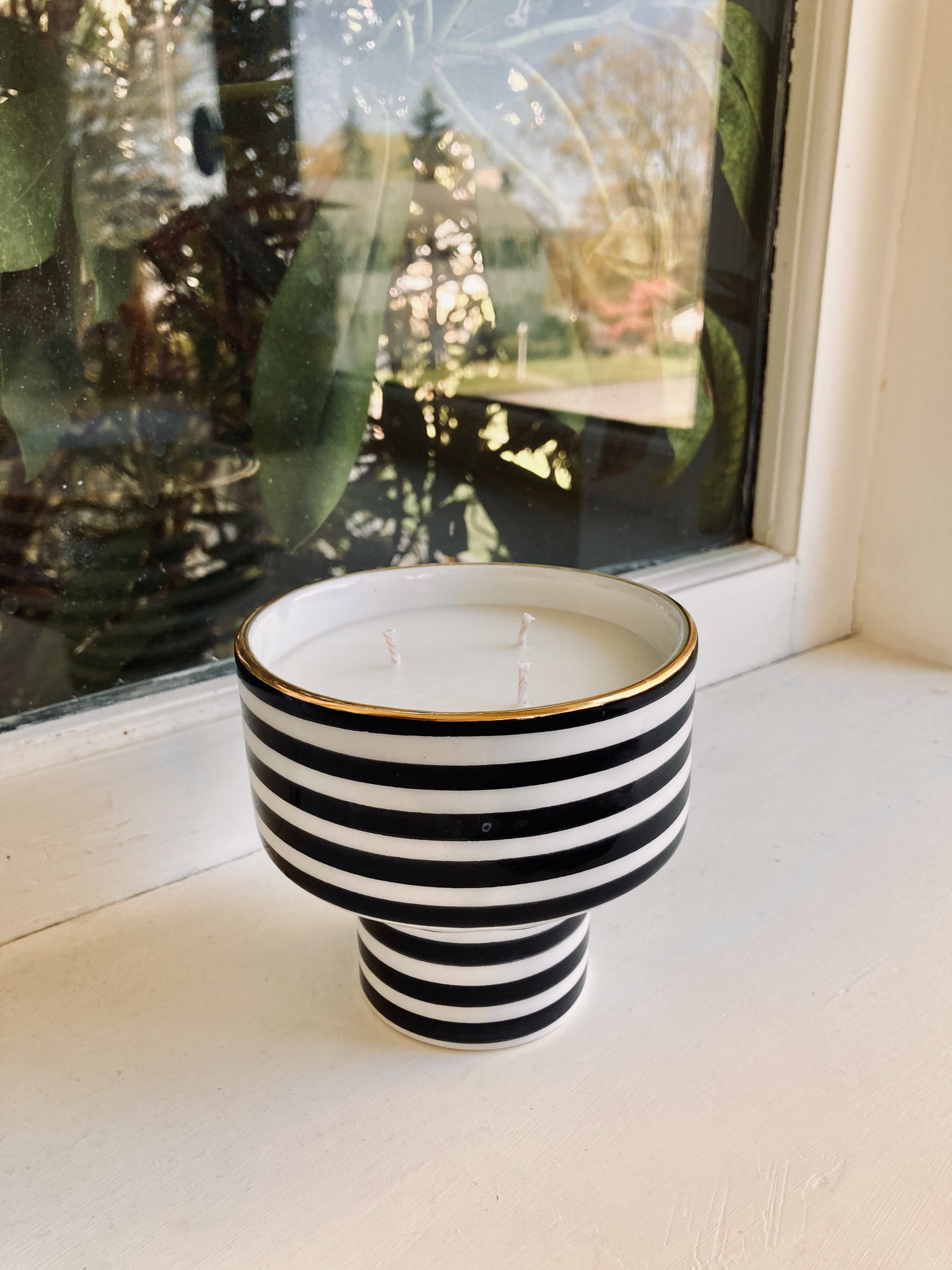 Limited Edition 3-Wick Candle in Chabi-Chic Black and White Stripe Ceramic with 12 Karat Gold