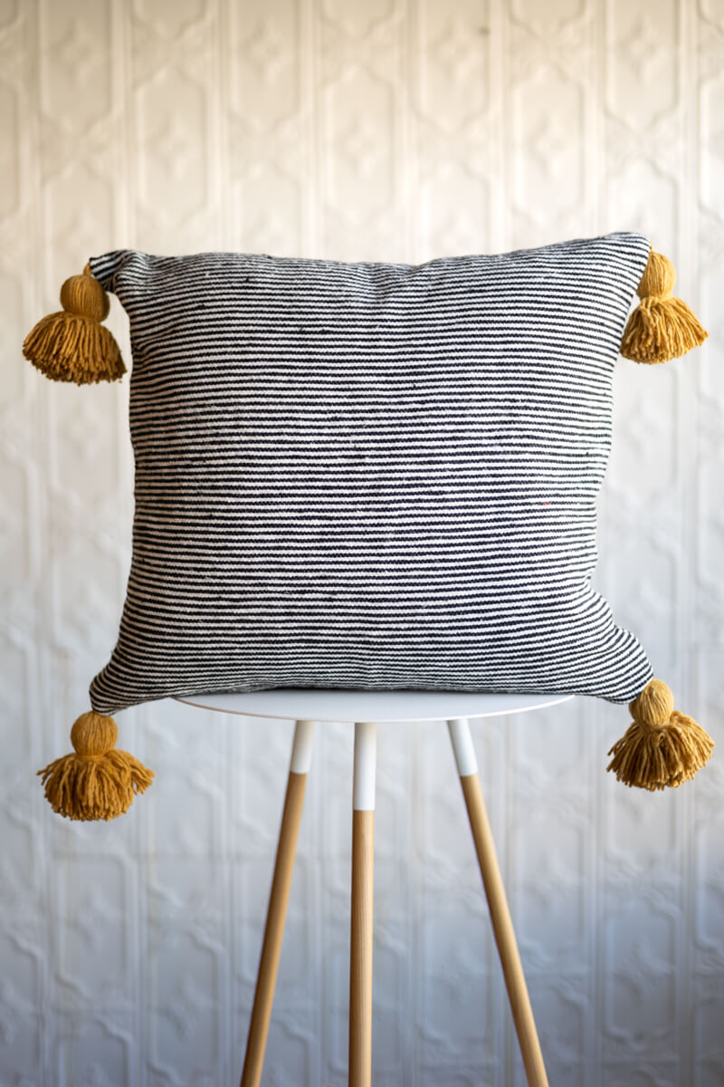 20&quot; Moroccan Pom Pom Pillow - Black and White Stripe with Mustard Yellow Pom-poms