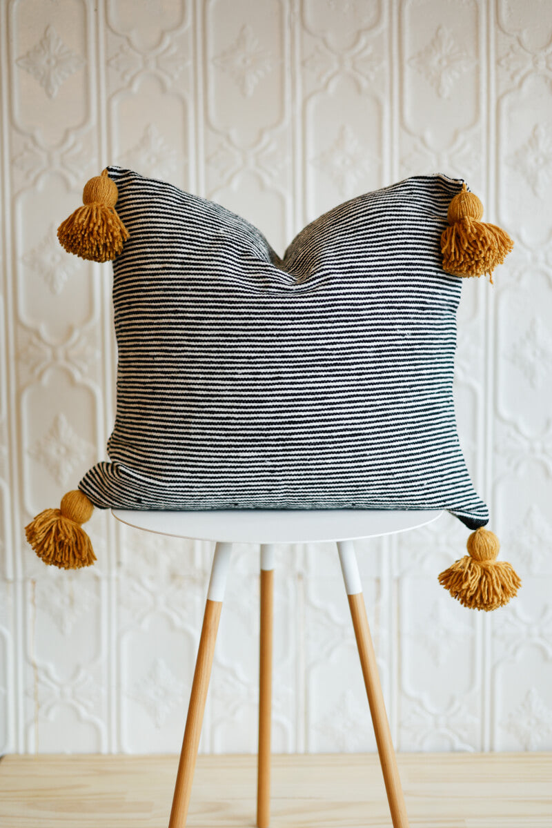 Handwoven Cotton Moroccan Pom Pom Pillow - Black and White Stripe with Mustard Yellow Pom-poms - 20"
