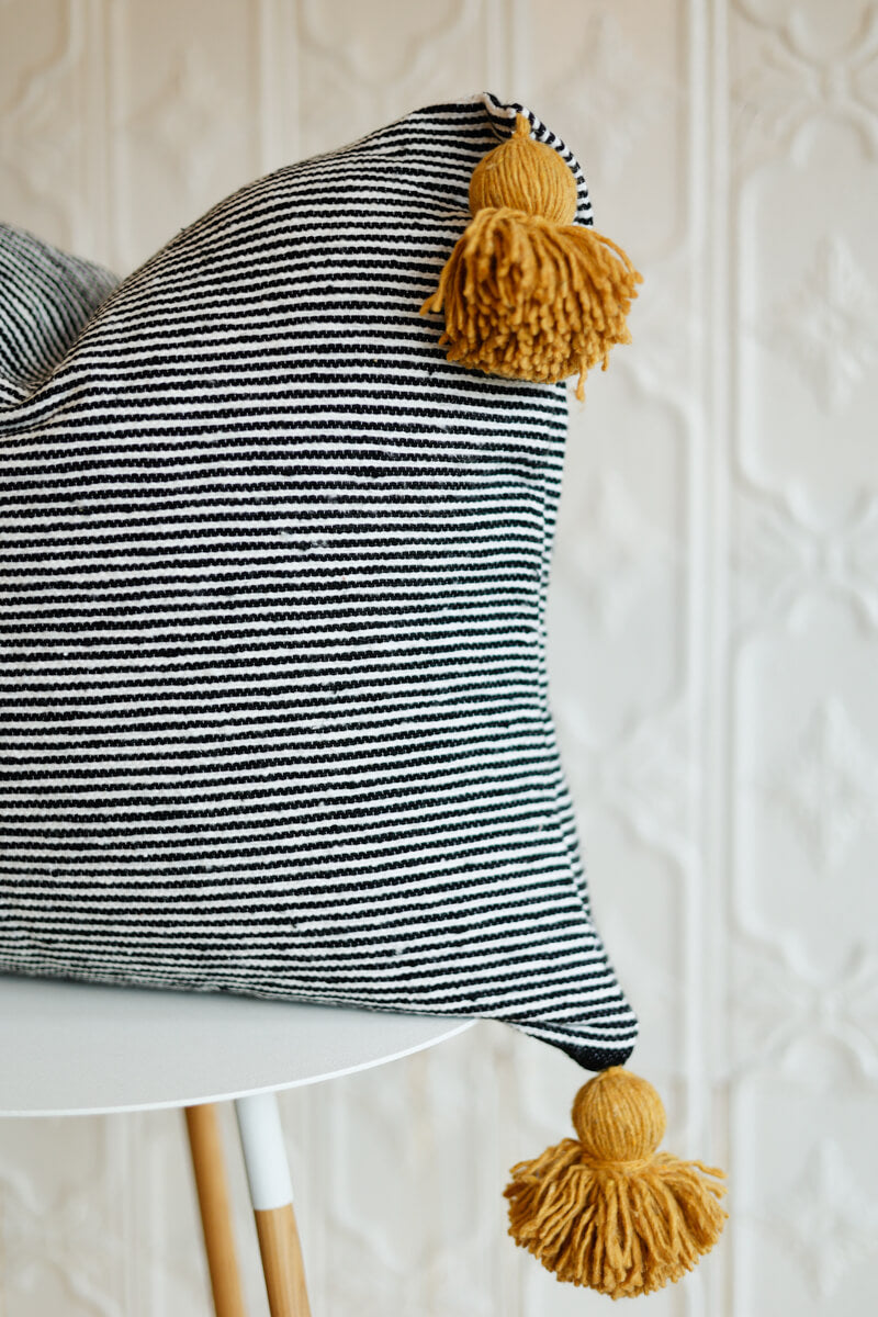 20&quot; Moroccan Pom Pom Pillow - Black and White Stripe with Mustard Yellow Pom-poms