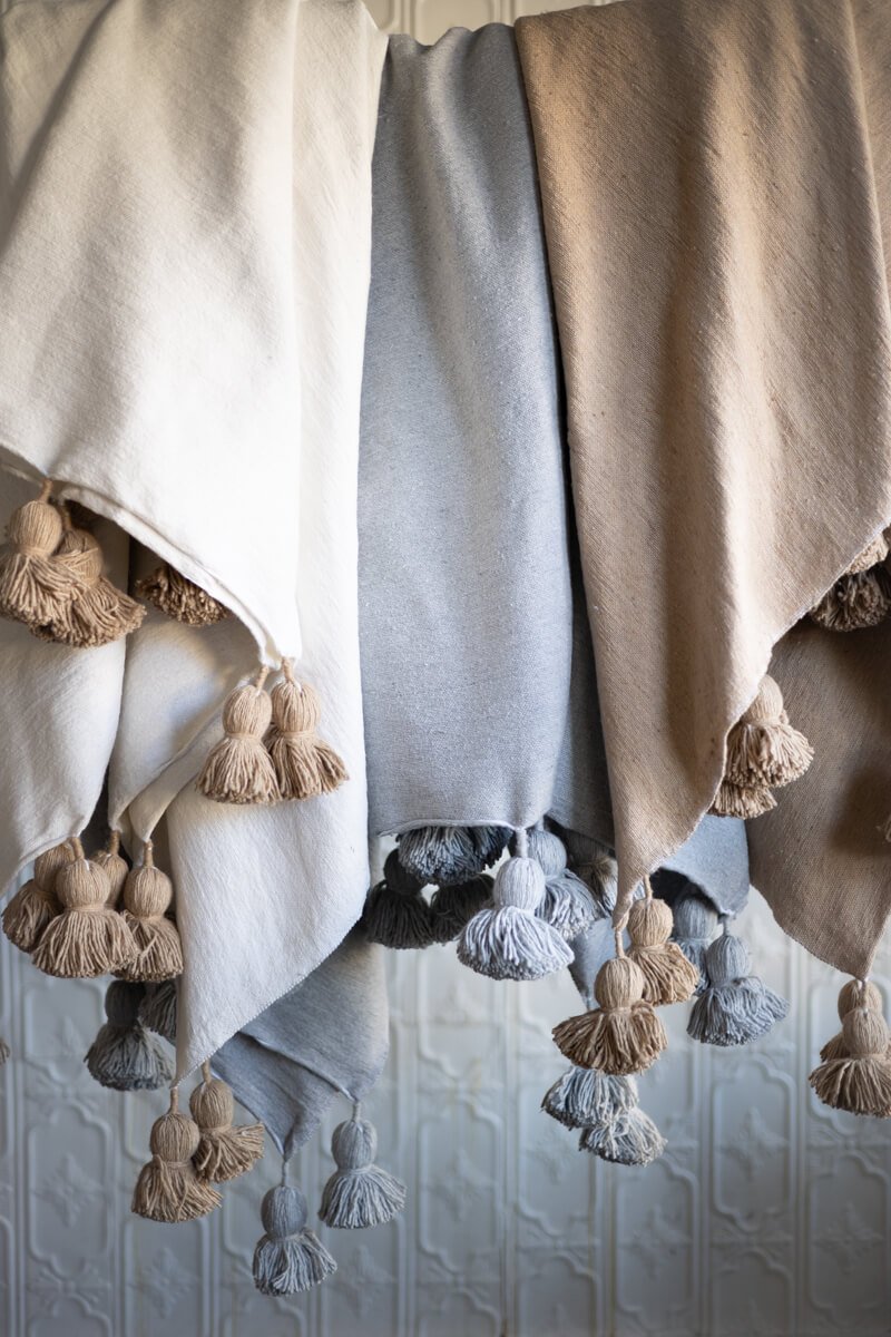 Moroccan Pom Pom Blanket Beige